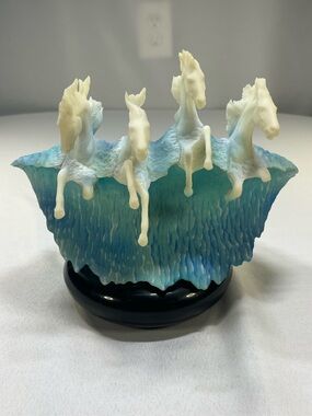 John Perry 1993 Vintage Sculpture 4 Horses in Waves Pellucida Resin Blue Wave